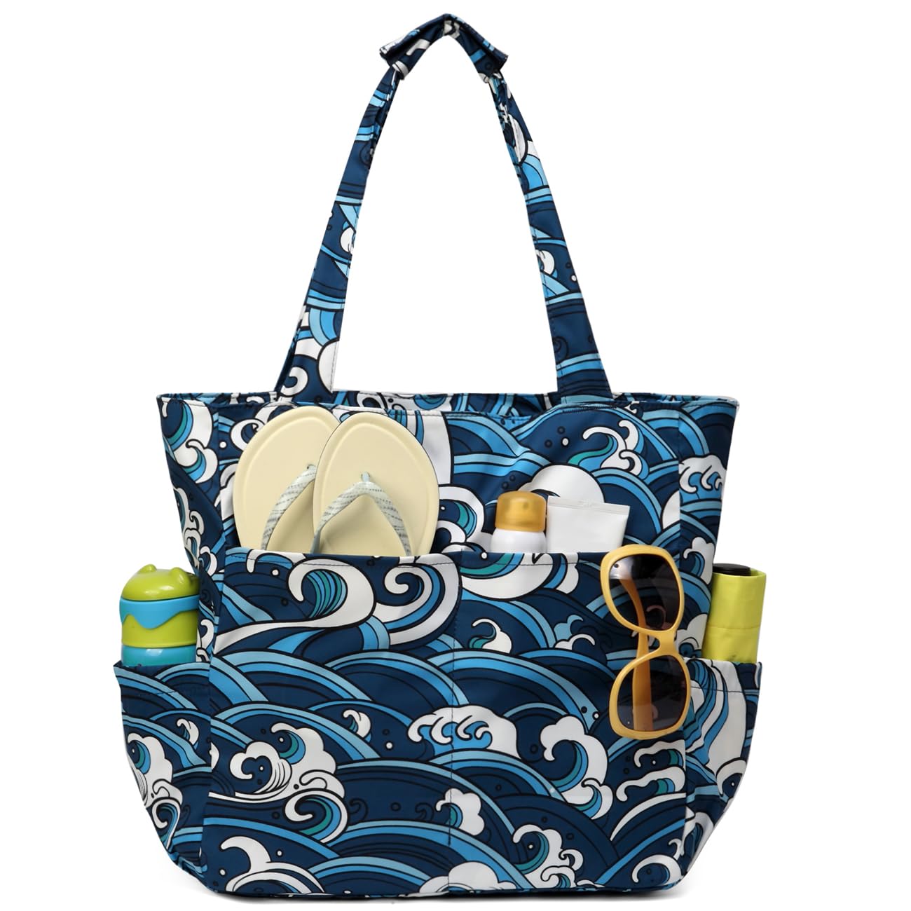 Kasgo Foldable Beach Bags for Women with Zip, 22.7L Water Resistant Medium Summer Holiday Beach Tote Bag Lightweight Sandproof Shoulder Handbags for Travel Gym Shopping Work Swimming Pool Sea Wave