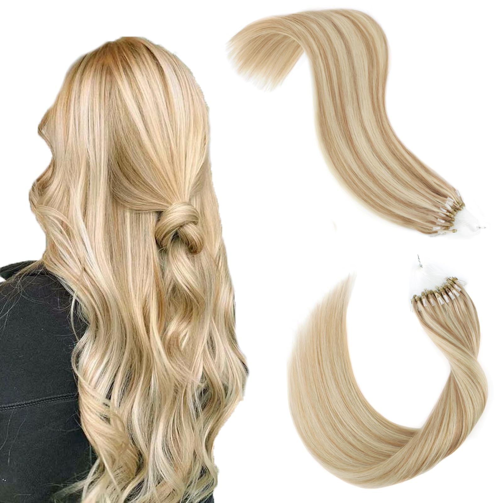 ABH AmazingBeauty Hair Microbead Extensions Human Hair Ash Blonde Micro Ring Hair Extensions Real Human Hair Extensions Golden Blonde Mix Light Blonde 14 Inch 50g 50strands Soft Hair โ image 1