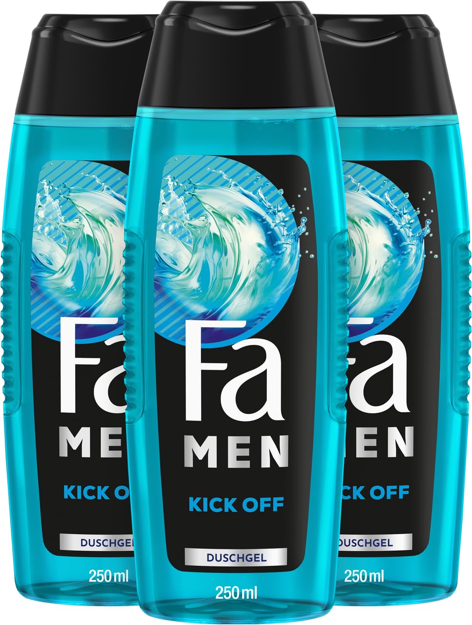FA Men 2-in-1 Kick Off Shower Gel, Pack of 3 (3 x 250 ml) 2-in-1 Formula for Hair and Body, Activate Your Senses with the Intense, Masculine-Fresh Fragrance of Eucalyptus and Aquatic Mint