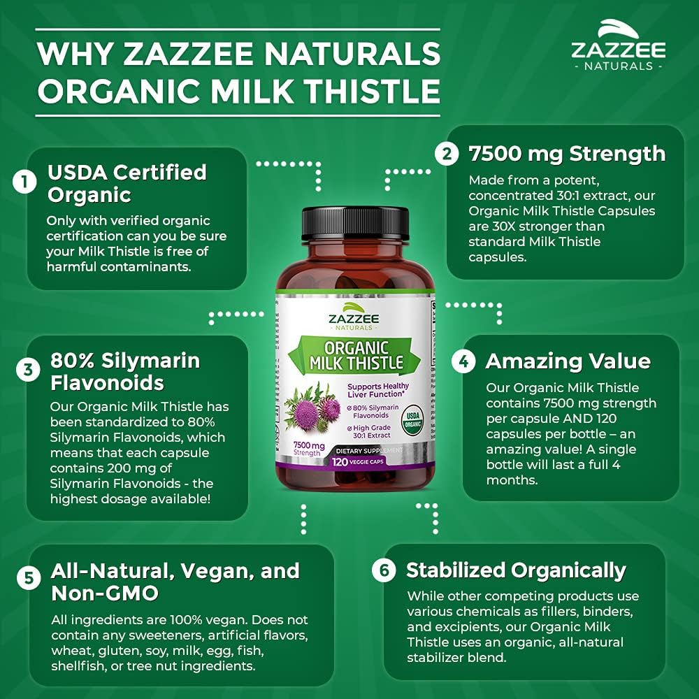 Zazzee USDA Organic Milk Thistle Extract Capsules, 120 Vegan Capsules, 7500 mg Strength, 80% Silymarin Flavonoids, Potent 30:1 Extract, USDA Certified Organic, Vegan, Non-GMO and All-Natural: Health & Personal Care