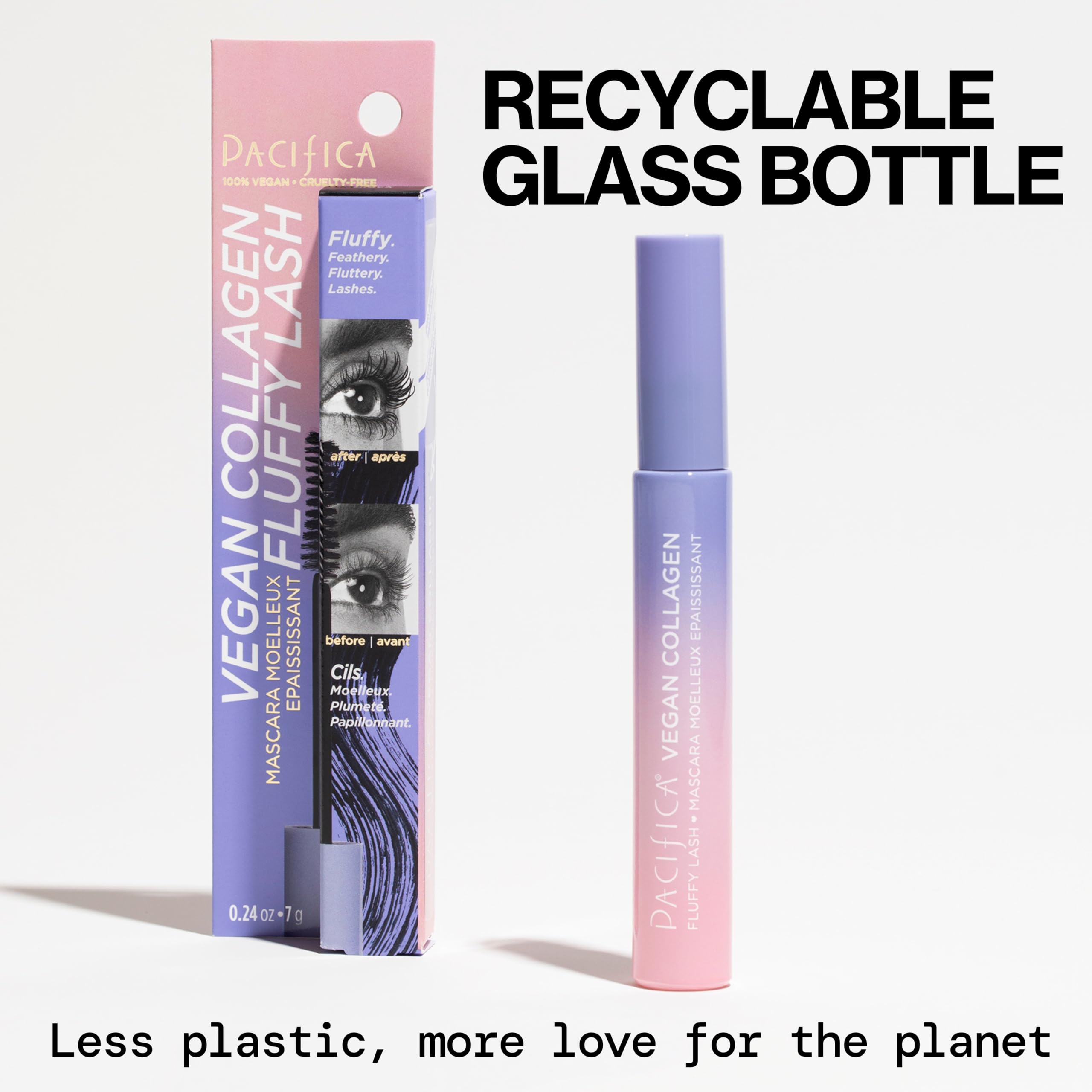 Pacifica Vegan Collagen Fluffy Lash Mascara – Black Thickening & Lengthening Mascara with Plant Fibers, Full Fluffy Lashes, Vegan & Cruelty-Free, 0.24 oz