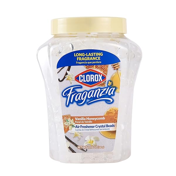 CLOROX FRAGANZIA AIR FRESHENER CRYSTAL BEADS VANILLA HONEYCOMB 12OZ JAR | LONG-LASTING AIR FRESHENER BEADS | EASY TO USE VENTED JAR AIR SCENT BEADS FOR HOMES, BATHROOMS, CLOSETS, CAR OR OFFICE