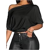 SOLY HUX Women's Off The Shoulder Crop Top Asymmetrical Neck Business Casual T Shirts Office Outfit