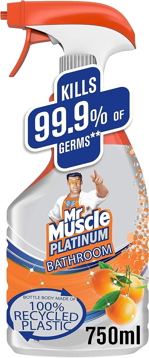 Mr Muscle Bathroom Cleaner, Platinum Antibacterial Bathroom Spray, Mandarin, 750 ml