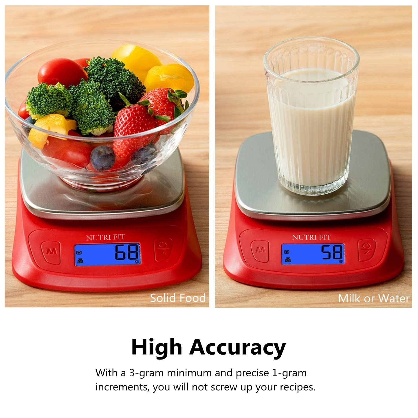 NUTRI FIT Ultra Slim Food Scale Digital Kitchen 1g Increment Measure in lb oz ml High Precision Weight in Grams and oz for Coffee Making, Meal Prep - Red/Stainless Steel