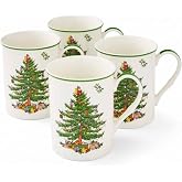 Spode Christmas Tree Stackable Mug Set - 12 Oz, Set of 4 | Stackable, Space-Saving Design, Ideal for Hot Cocoa, Tea &amp; Coffee, Earthenware Construction, Dishwasher &amp; Microwave Safe