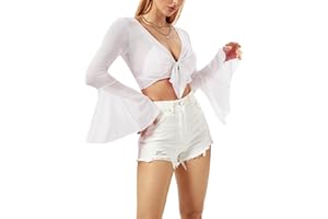 EVELUST Rave Bell Mesh Crop Top for Women - EDC Festival Long Sleeve Tie Front Sheer Shirt Ruffle Fairycore Blouse Outfits