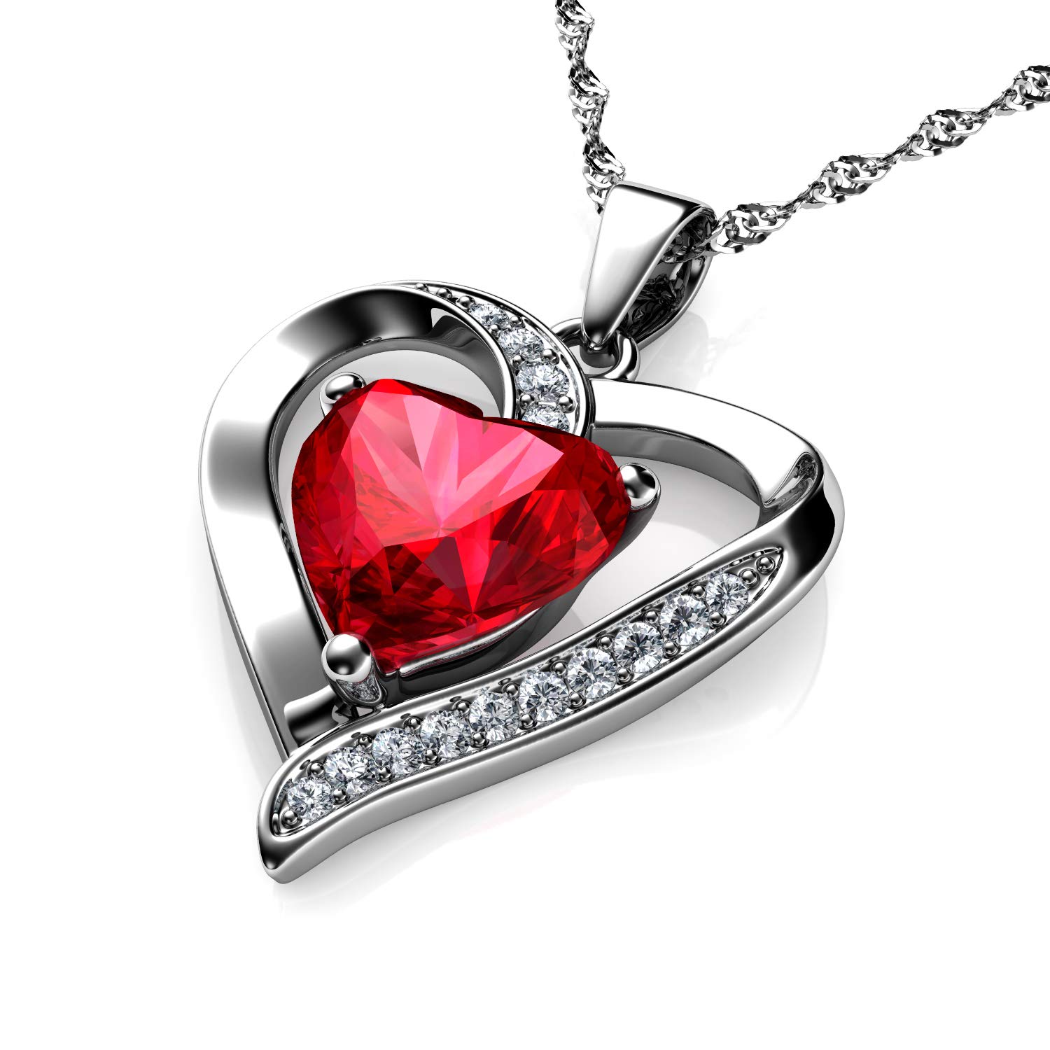 DEPHINI - Heart Necklace - 925 sterling silver Double Hearts Pendant - Cubic Zirconia - Jewellery for Women (Red 2)