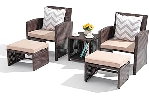 OC Orange-Casual 5 Pcs Patio Conversation Set Balcony Furniture Set with Cushions, Brown Wicker Chair with Ottoman, Storage Table for Backyard, Garden, Porch, Beige