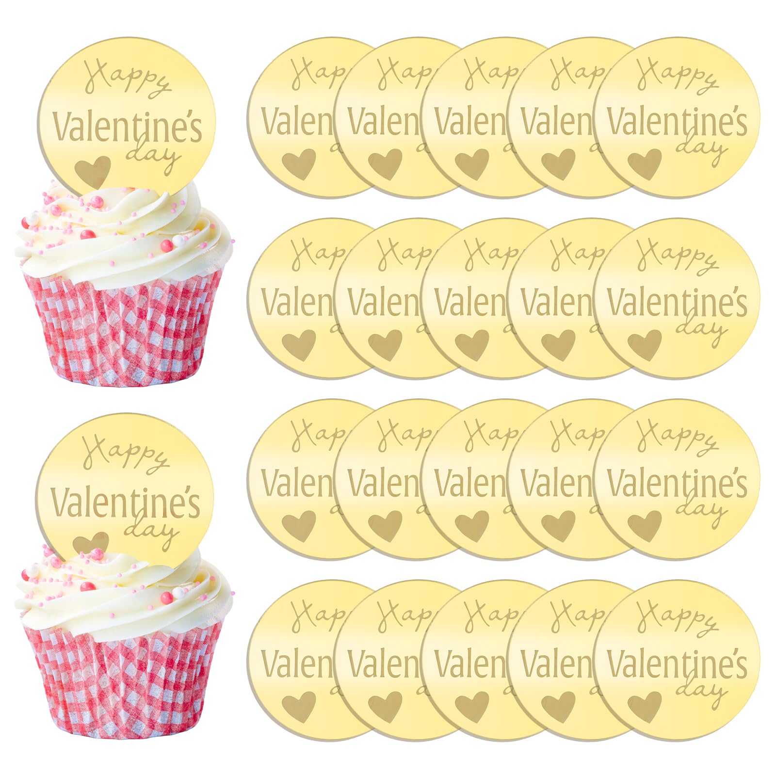 URROMA Round Gold Valentine's Day Happy Acrylic Card Cupcake Toppers, 20pcs Acrylic Cupcake Toppers Mini Acrylic Cupcake Toppers Cake Topper for Cupcake Decoration