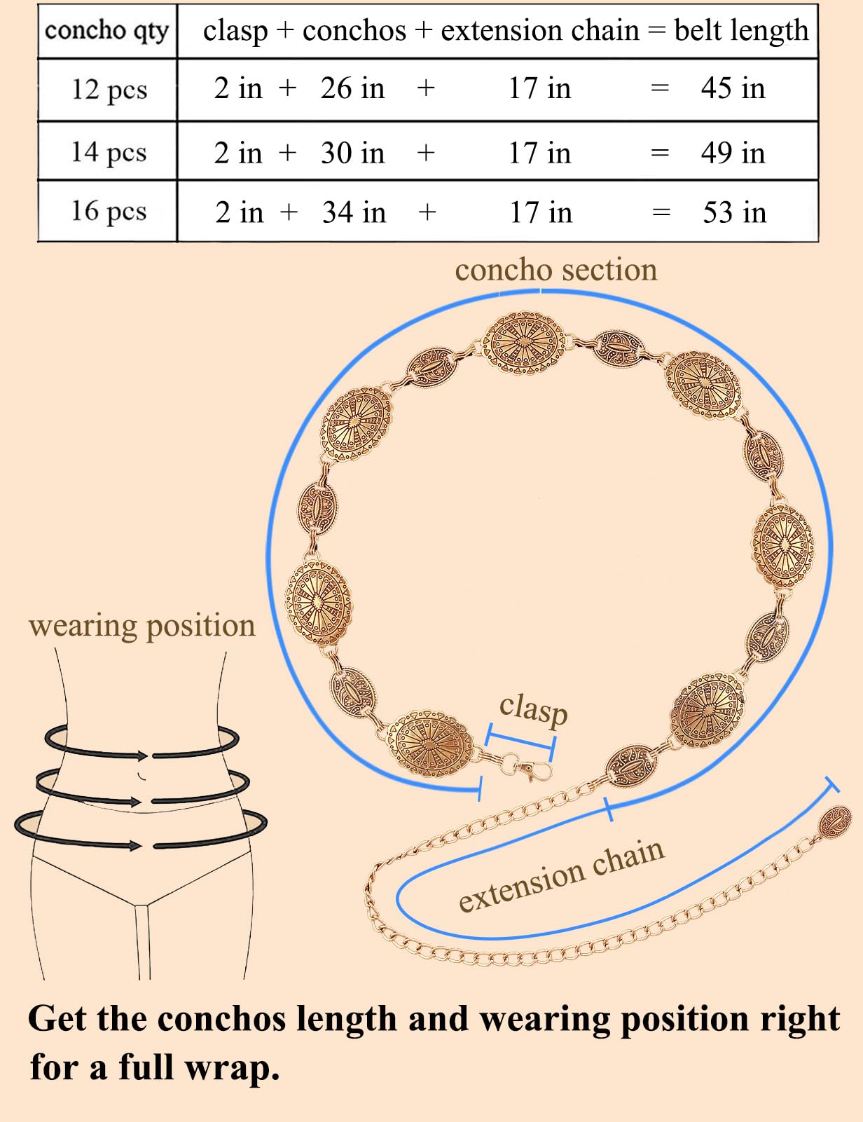 TOPACC Western Metal Concho Belt for Women Cowgirl Chain Belts for Dresses Jeans Country Concert Outfit