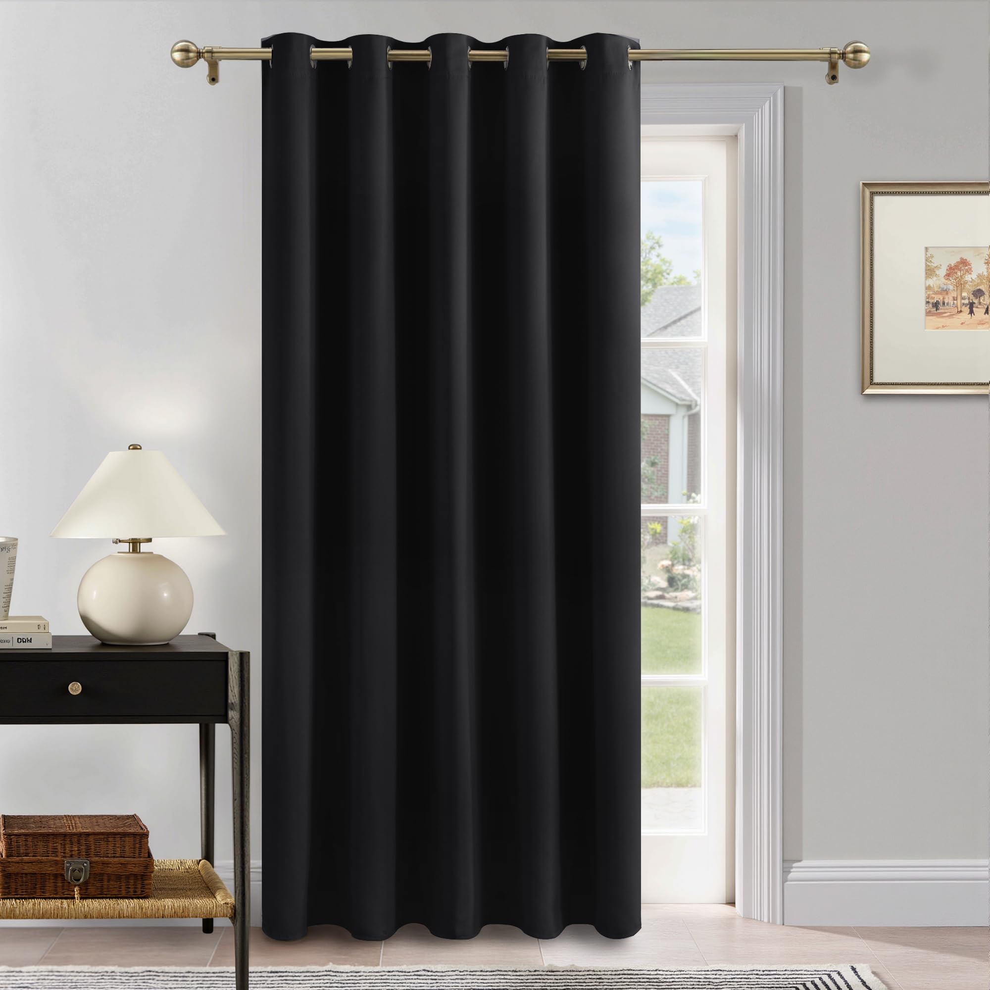 PONY DANCE Door Curtain Thermal - 1 Panel Blackout Curtains for Living Room Bedroom Kitchen Privacy Screen Heat Cold Insulated, 66 inch Width x 84 inch Drop, Black