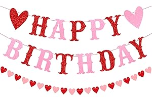 PTFNY Glitter Happy Birthday Banner for Valentine's Day Red Pink Glittery Valentines Day Happy Birthday Garland Banner and Heart Garland Valentines Themed Birthday Party Decorations for Wall