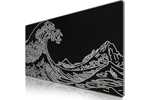 iCasso Black Gaming Mouse Pad, Large Gaming Mousepad, XXL Big Rubber Base Mouse Mat with Stitched Edges, Computer Keyboard Desk Pad for Work, Game, Office, Home - Black Wave of Kanagawa