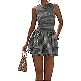 Milumia Women's Summer Gingham Mini Dress Plaid Sleeveless Tiered Ruffle Hem A Line Short Dress