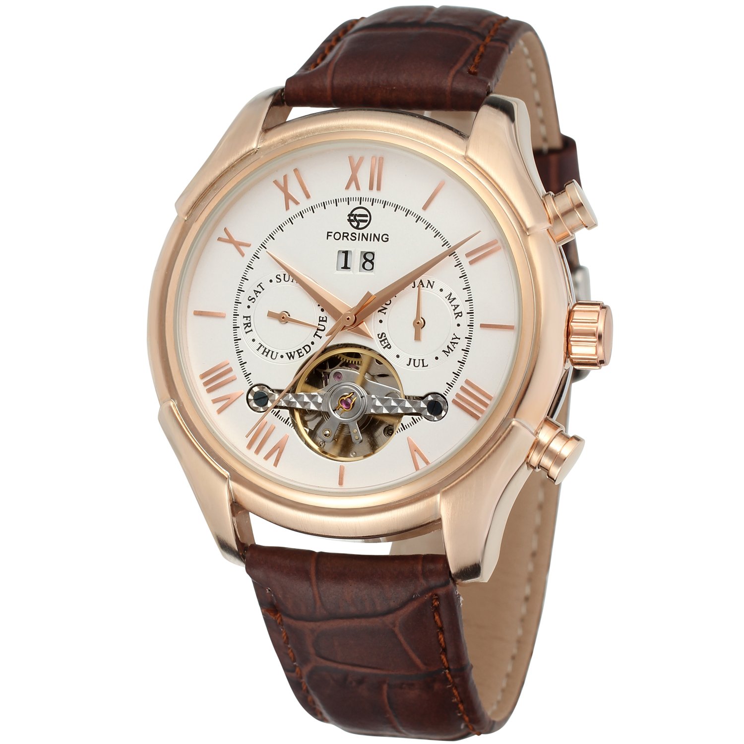 Forsining Men's Automatic Self-Wind Day Calendar Business Brand Leather Strap Wrist Watch FSG583M3R2