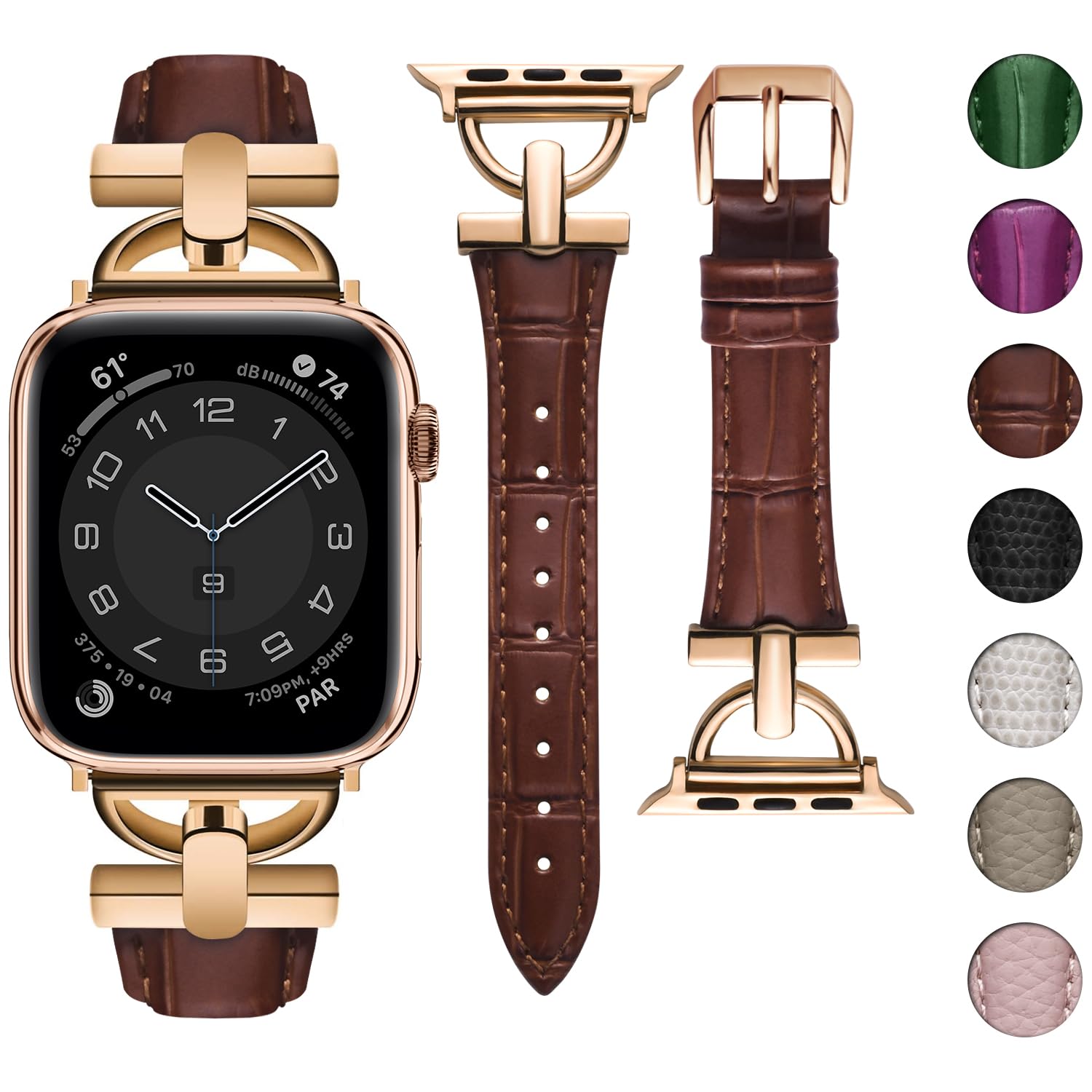 wutwuk Compatible Leather Apple Watch Straps Women 42mm(S11/10) 41mm 40mm 38mm, D-Shape Metal Buckle Leather Wristband for Apple Watch SE3/2/1 Series 11/10/9/8/7/6/5/4/3/2/1 Red Brown+Rose Gold