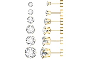 UHIBROS 6 Pairs Stainless Steel Stud Earrings Set Hypoallergenic Cubic Zirconia 14K White Gold 316L CZ Earrings