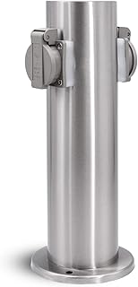 Garten Energiesäule für außen mit 2 Steckdosen für 230V - Steckdosensäule rund in Edelstahl gebürstet mit Regenschutz IP44