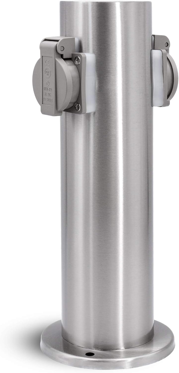 Garten Energiesäule für außen mit 2 Steckdosen für 230V - Steckdosensäule rund in Edelstahl gebürstet mit Regenschutz IP44
