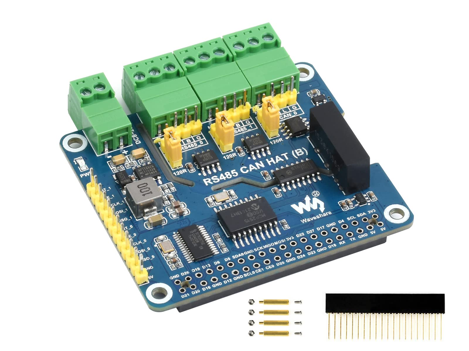RS485 CAN HAT for Raspberry Pi, Expand 2-Ch RS485 and 1-Ch CAN, SPI communication, Industrial Grade Isolation Protections