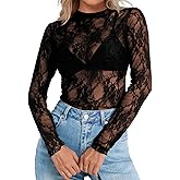 Elesomo Womens Mesh Short/Long Sleeve Tops Mock Neck See Through Shirts Floral Lace Blouses