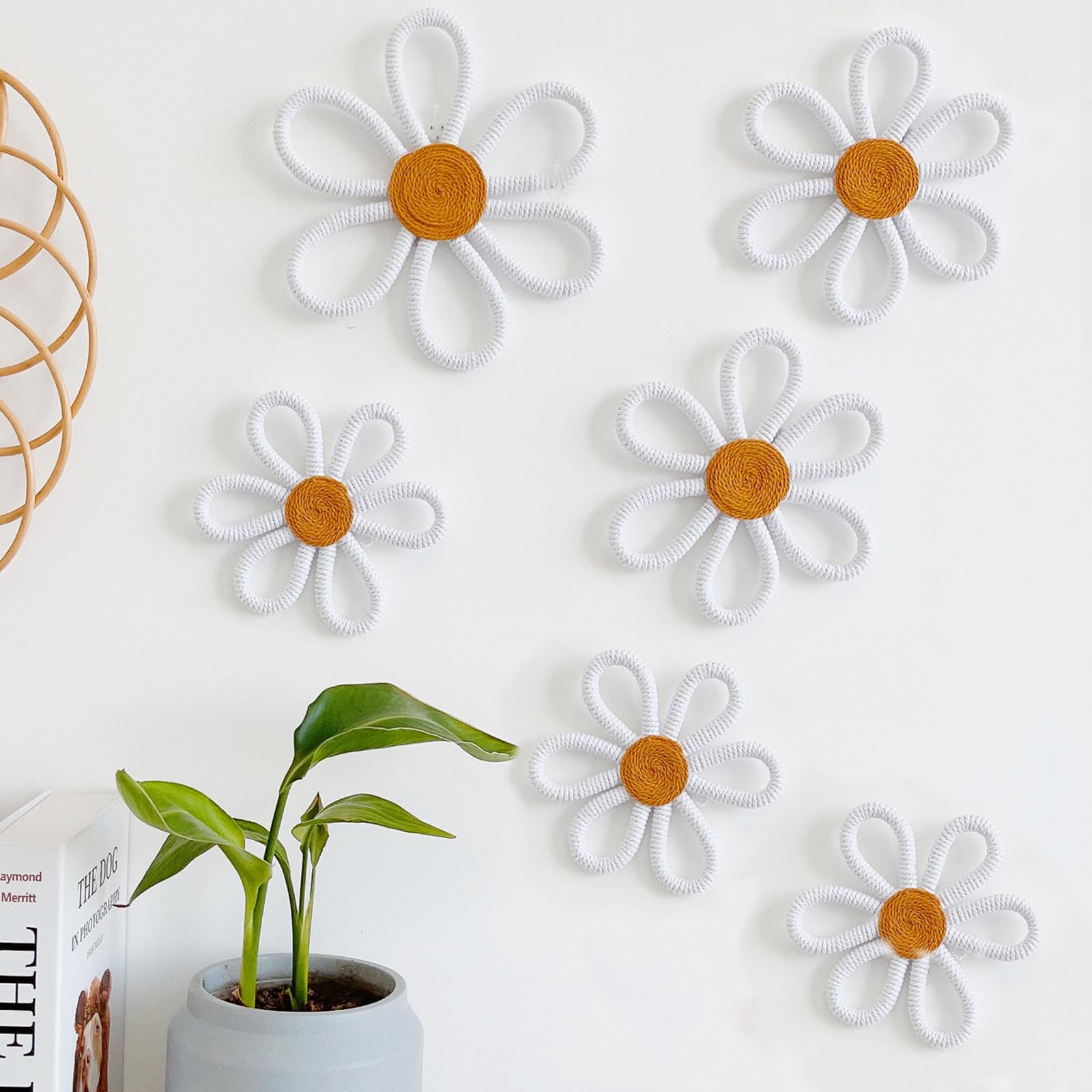 Photo 1 of ***pink buytterfly*** KUNHEHO Boho Wall Decor Set of 6 Daisy Flower Wall Decor Nursery Wall Decor Bohemian Macrame Wall Hanging Decor for Nursery Home Bedroom