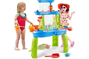 YAZ&OUZ 3-Tier Kids Water Table, Water Table for Toddlers 3, Water Tables for Toddlers 3 Features Swimming Crabs & Dolphins, Rain Showers Splash Pond, Activity Sensory Play Table for Boys Girls