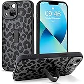 Jefonha Compatible with iPhone 13 Case with Finger Hand Strap Kickstand, Trendy Cool Leopard Cheetah Print Phone Case for Women Men, Full Camera Protection Shockproof Protective Cover, Black