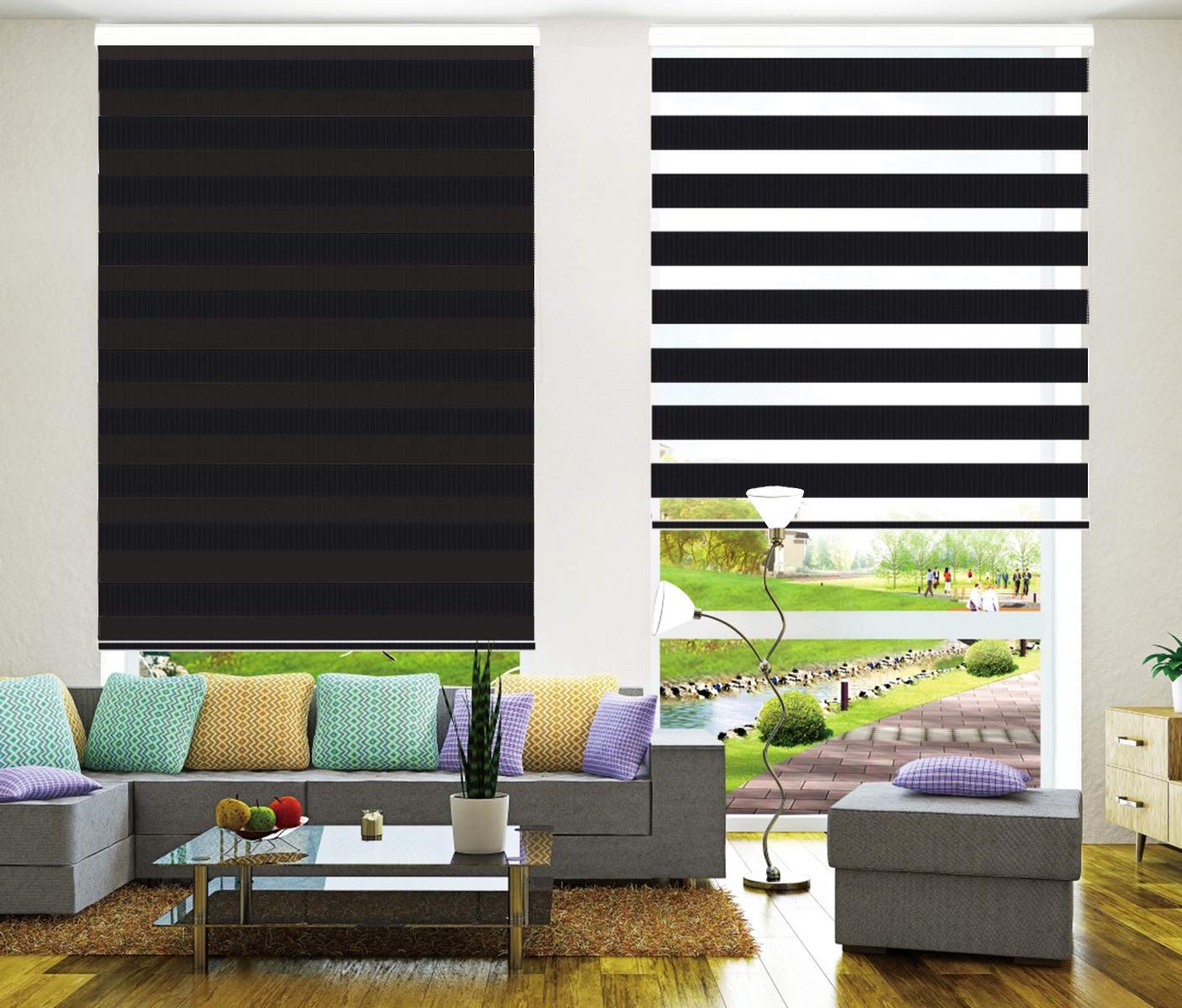 TANZUOER Zebra Roller Blinds Dual Layer Roller Shades Light Filtering Day and Night Blinds, Height 150cm, Black — image 1