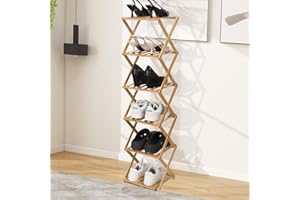 Fengzhizhu Bamboo Shoe Rack 6 Tier Foldable Shoe Rack Vertical Bamboo Shoe Organizer Free Standing Shelf for Entryway, Closet, Bedroom, Wood Color