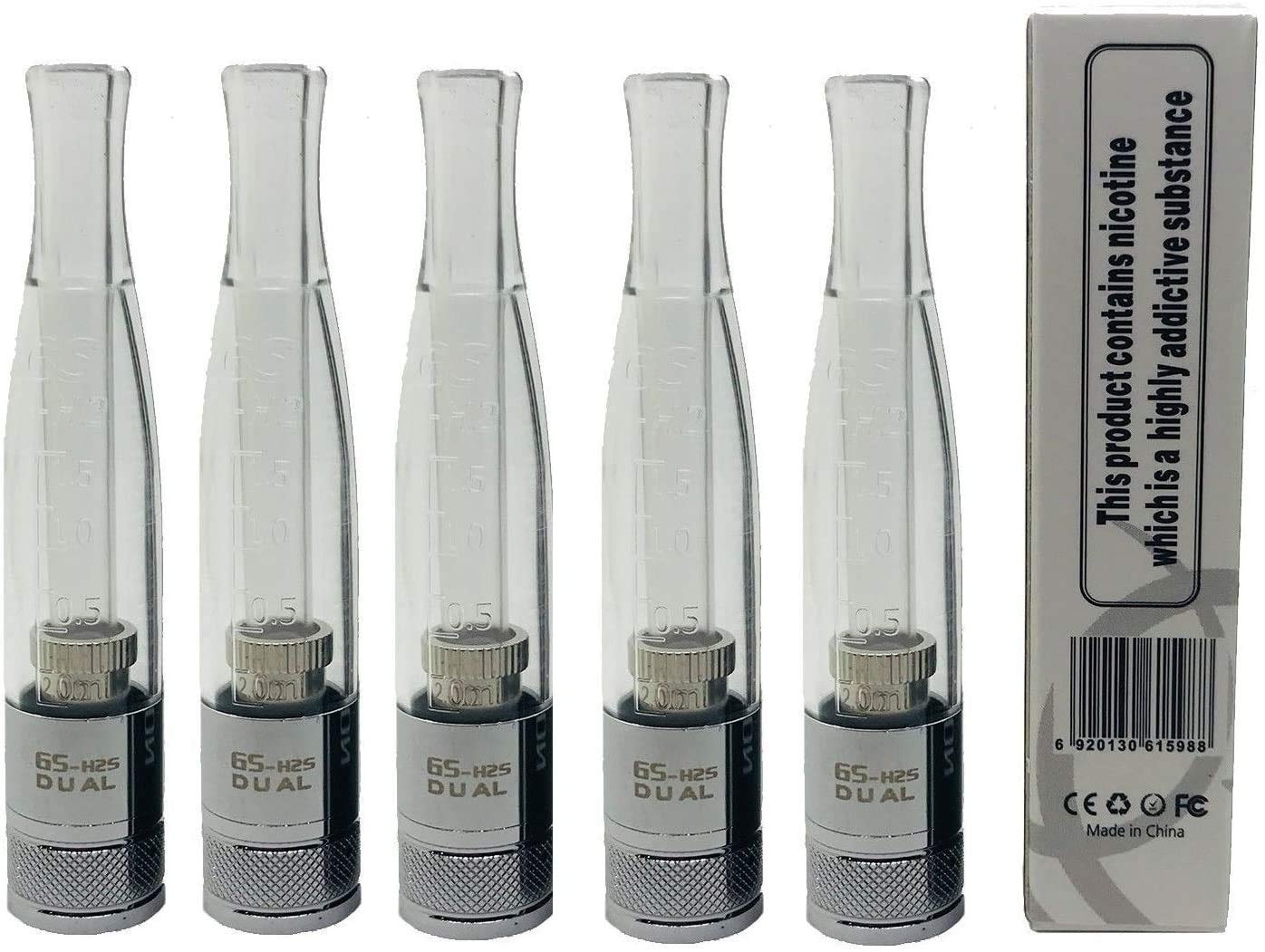 FOXFIVES 5 x Genuine GS H2S Dual Coil Clearomizers, Individually Boxed, Fitted with a 2.0ohm 1.5ML Dual Coil without nicotine or tobacco Empty Device