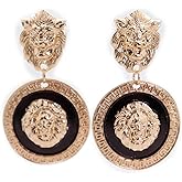 Women’s Gold Lion Dangle Earrings – Bold Fashion Jewelry with Black Circle Charm, Statement Hook Earrings Set