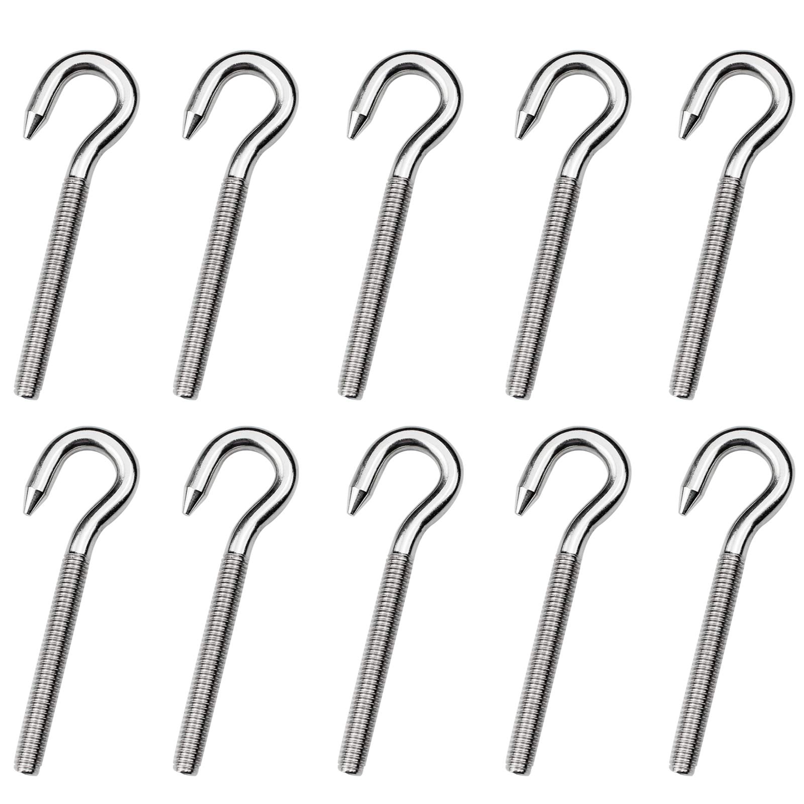 oupados Aallo 10Pcs M4 Hook Bolt 304 Stainless Steel Screw Hooks High Hardness Steel Hook Bolt Long Shank for Brazilian Hammocks, Swing Chair, Garden, Boat