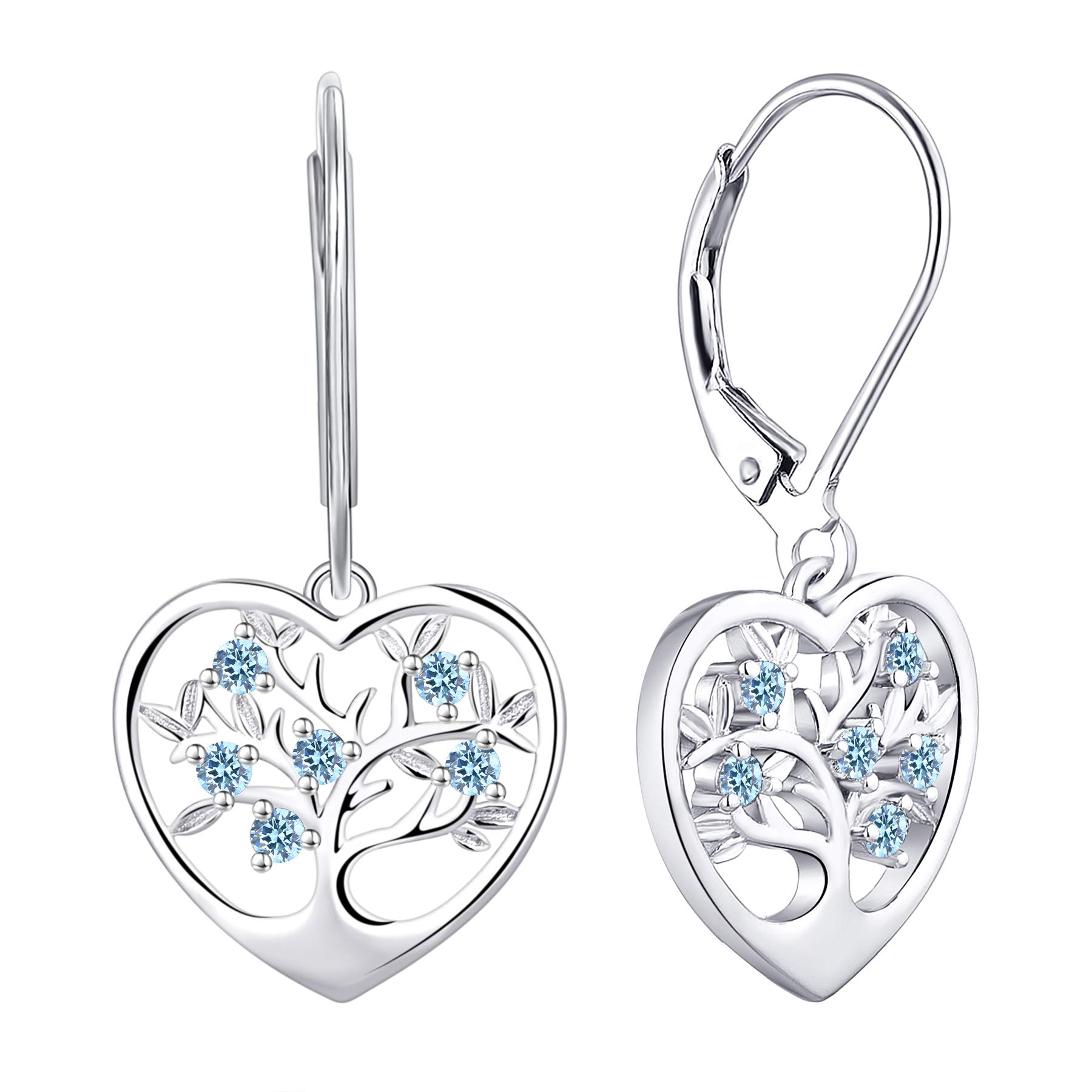 JO WISDOM Women Earrings,925 Sterling Silver Family Heart Tree of Life Leverback Drop & Dangle Earrings with 3A Cubic Zirconia March Birthstone Aquamarine Color