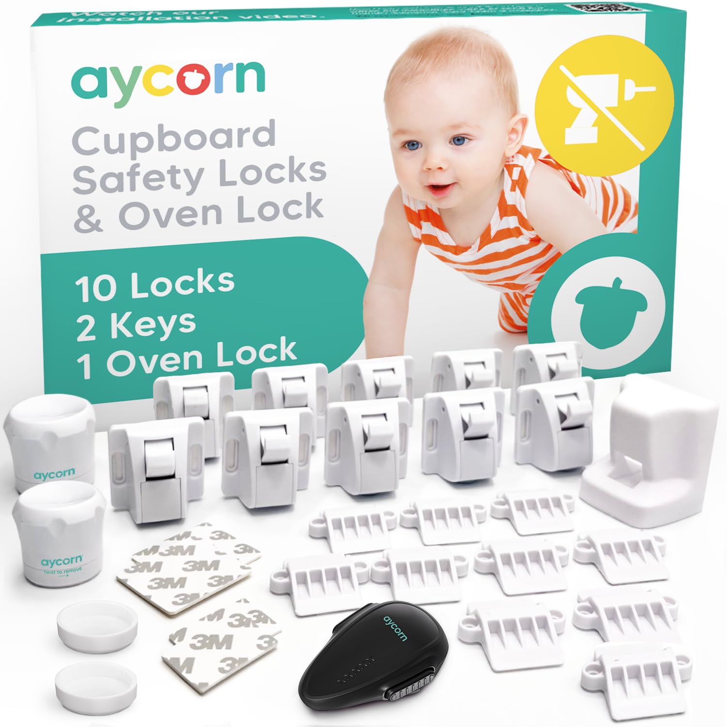 AYCORN® Magnetic Safety Cupboard Locks [10x] & Oven Lock [1x] for Children [Includes 2X Keys] Child & Baby Safety Proofing for Kitchen, Cabinets and Drawers, 30 Second Install