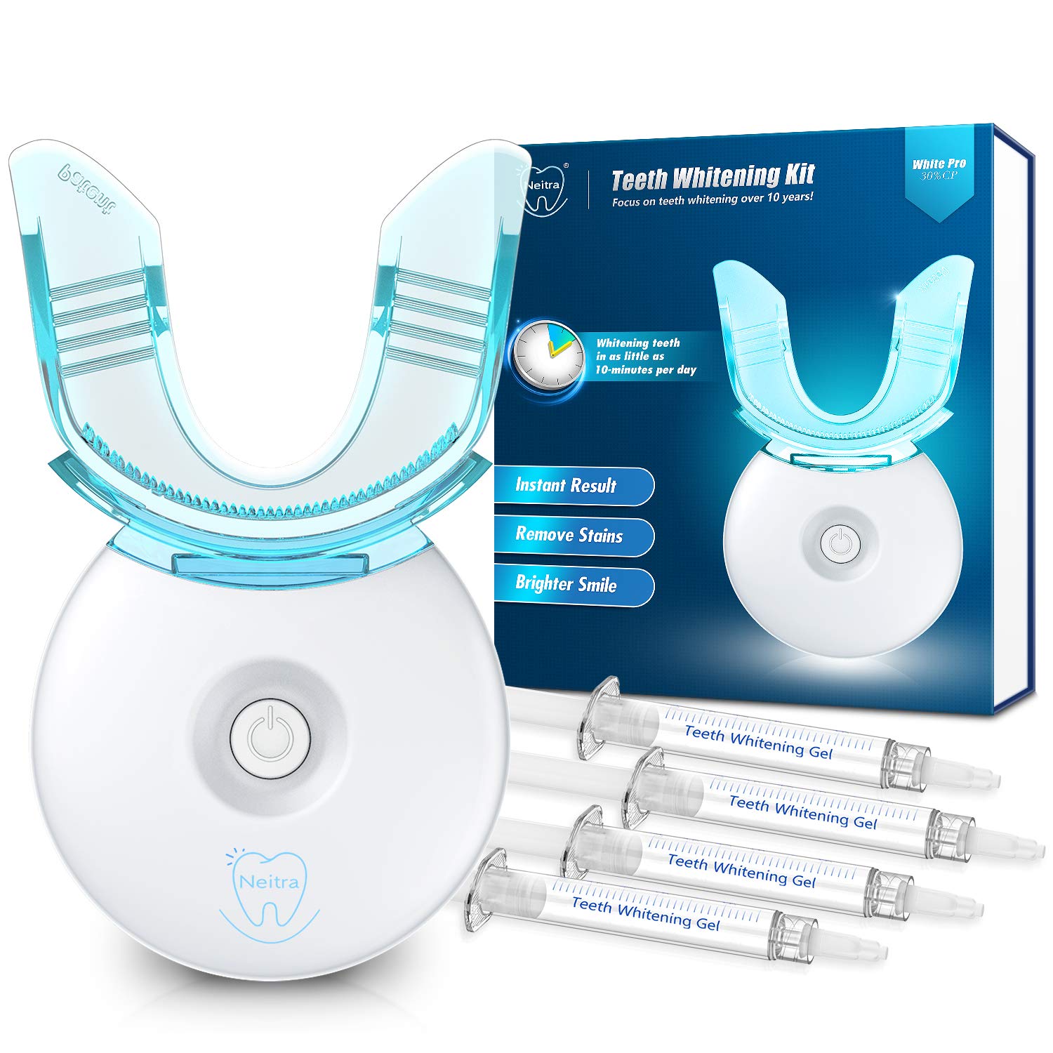 Neitra Teeth Whitening Kit with LED Light, (4Pcs) 3ml 30% Carbamide Peroxide Teeth Whitening Gel, Teeth Whitening Result in 1 Use, 5X LED Accelerator, No Sensitivity Teeth Whitener(White Pro Series): Beauty