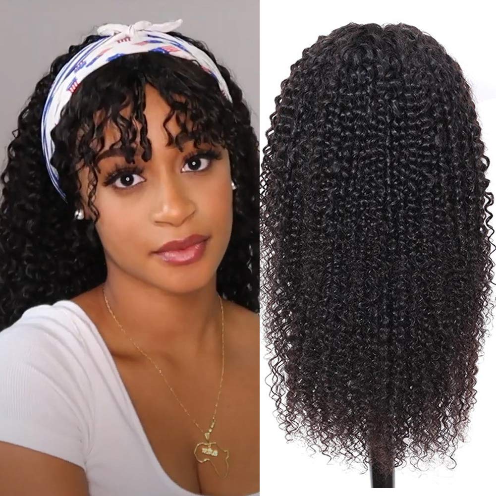 Brazilian Kinky Curly Wigs with Bangs 20 Inch Human Hair Wigs 100% Virgin Curly Hair Wigs 150% Density Glueless Full Machine Made Wigs for Black Women Natural Color