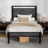 Z-hom Twin Bed Frames, Twin Bed Frame with Upholstered Headboard, Metal Platform Beds Solid and Stable, Grey, Noise Free, Easy Assembly, No Box Spring Needed