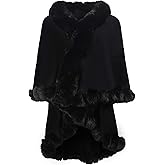 ZLYC Women Fine Knit Open Front Faux Fur Trim Layers Poncho Cape Cardigan Sweater