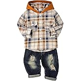 ODIMAME Toddler Baby Boy Fall Winter Clothes Long Sleeve Plaid Hooded Sweatshirt Ripped Holes Jeans Set 1-5 Years Old