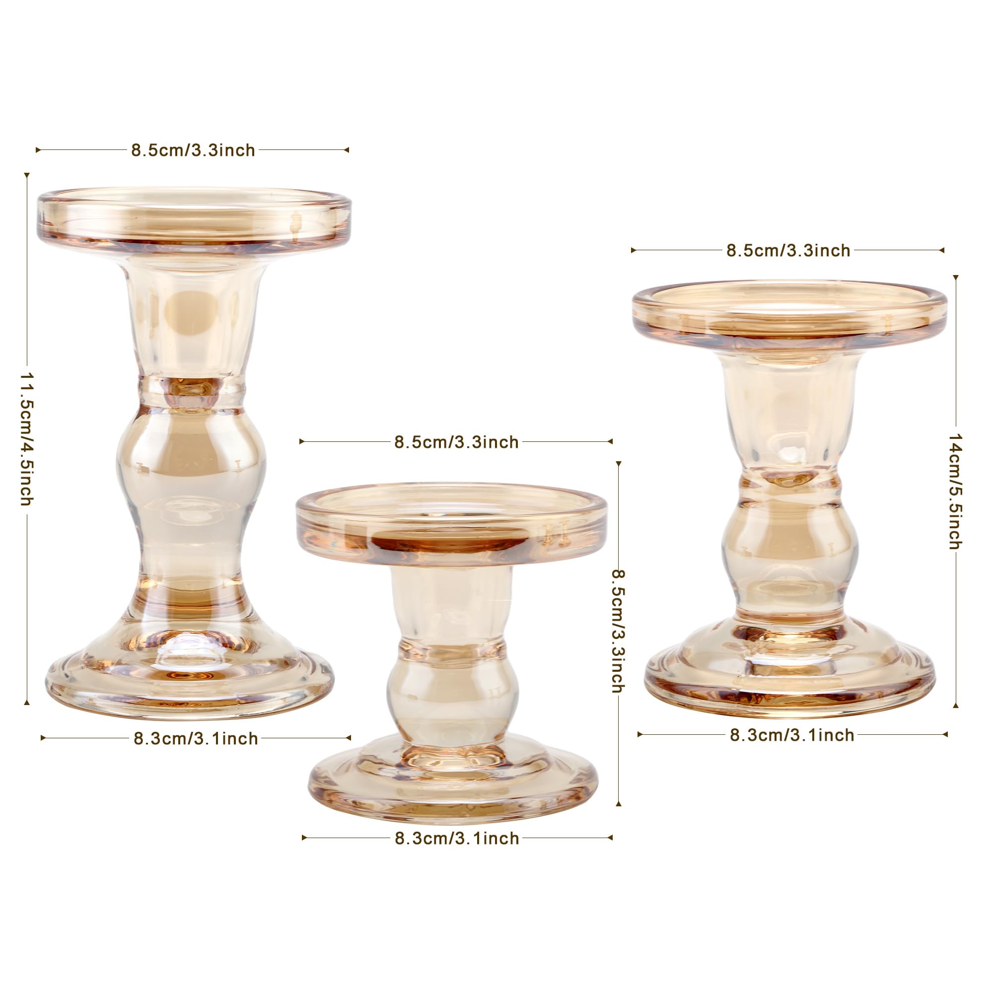 Amber Glass Candle Holder Set, QENUIITEA Set of 3 Clear Candlesticks Holders Pillar Taper Candles Tea Light Stand for Centerpieces Church Wedding Party Home Decor Dining Table