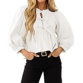 Women's Babydoll Tie Front Tops Puff 3/4 Length Sleeve Cute Casual Summer Peplum Blouses Shirts 2025