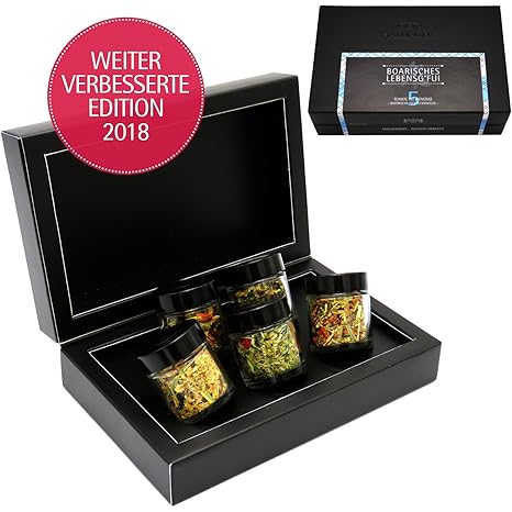 Hallingers 5er Bayerisches Tee-Geschenk-Set mit Kräutertee & Detox-Tee (40g) - Boarisches Lebensg'fui (MiniDeluxe-Box) - zu G