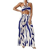 OYOANGLE Women's 2 Piece Vacation Outfits Graphic Print Knitted Crop Halter Top and Wide Leg Pants Set