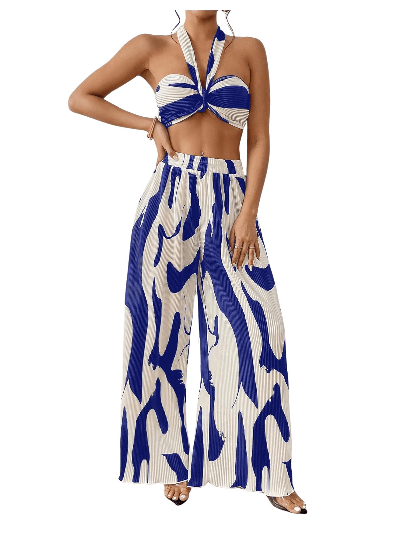 Women's Vacation-Style Light Blue Stretch Cotton-Blend Halter Crop Top And Wide-Leg Pants Set main image 1