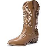DREAM PAIRS Women's Cowboy Boots Mid Calf Cowgirl Boots Embroidery Stitched Western Boots