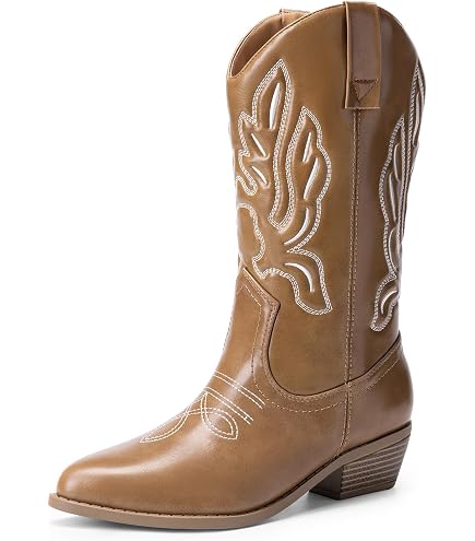 Women'S *-Calf Western Cowboy Boots, Embroidered Fabric Upper, Rubber Sole, Pointed Toe, Block Heel, With