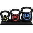 Best Choice Products 3-Piece Kettlebell Set with Storage Rack, HDPE Coated Exercise Fitness Concrete Weights for Home Gym, Strength Training, HIIT Workout 5lb, 10lb, 15lb