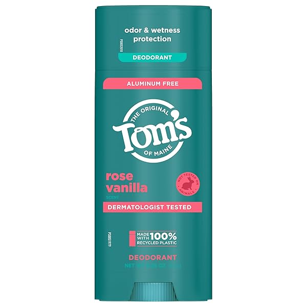 TOM’S OF MAINE ROSE VANILLA ALUMINUM FREE NATURAL DEODORANT FOR WOMEN & MEN | GOES ON CLEAR | ODOR & WETNESS PROTECTION | NATURALLY DERIVED AND MOISTURE-LOCKING INGREDIENTS | 3.25 OZ